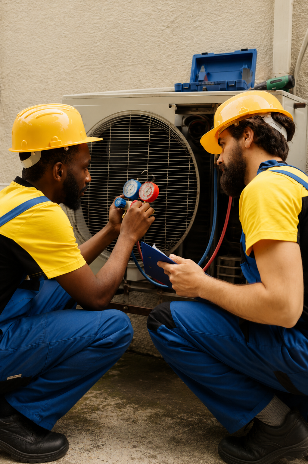 HVAC technician repairing heating system
