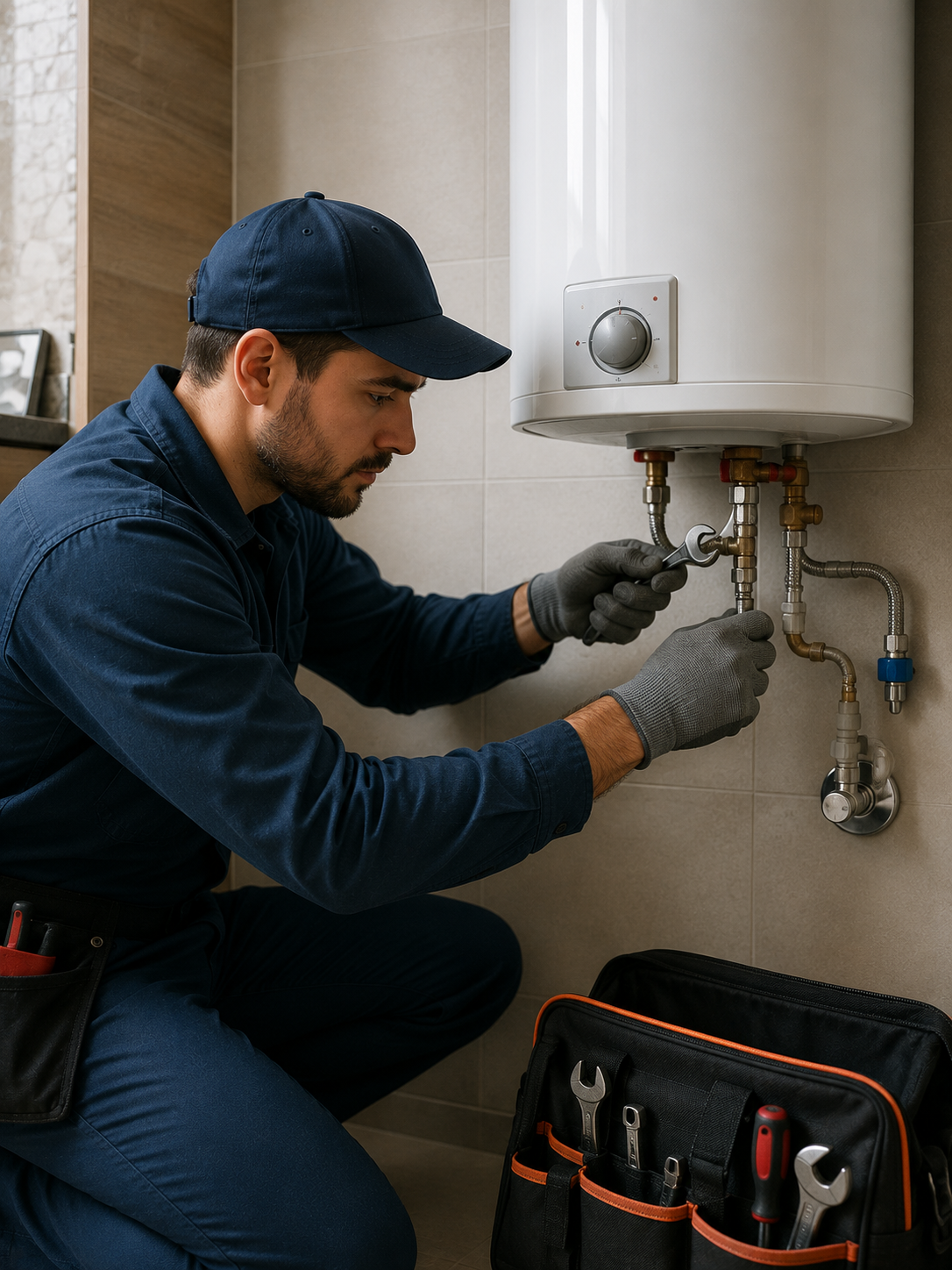 Plumber inspecting a water heater